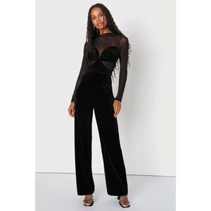 Lulus Edgy Charisma Black Mesh Velvet Cutout Long Sleeve Jumpsuit - Size M